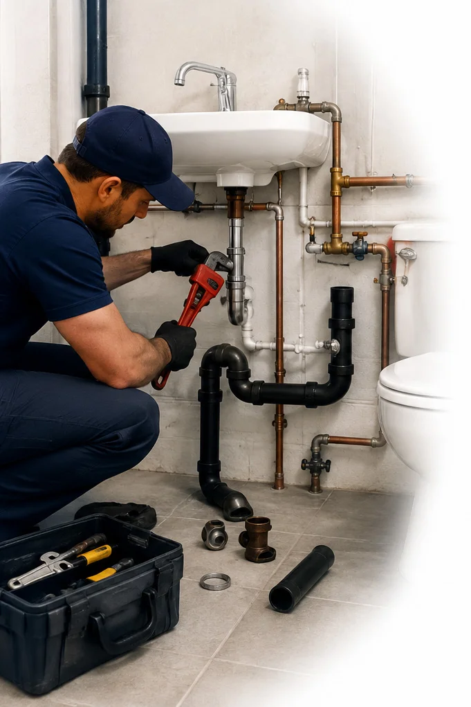 Professional plumber repairing pipes